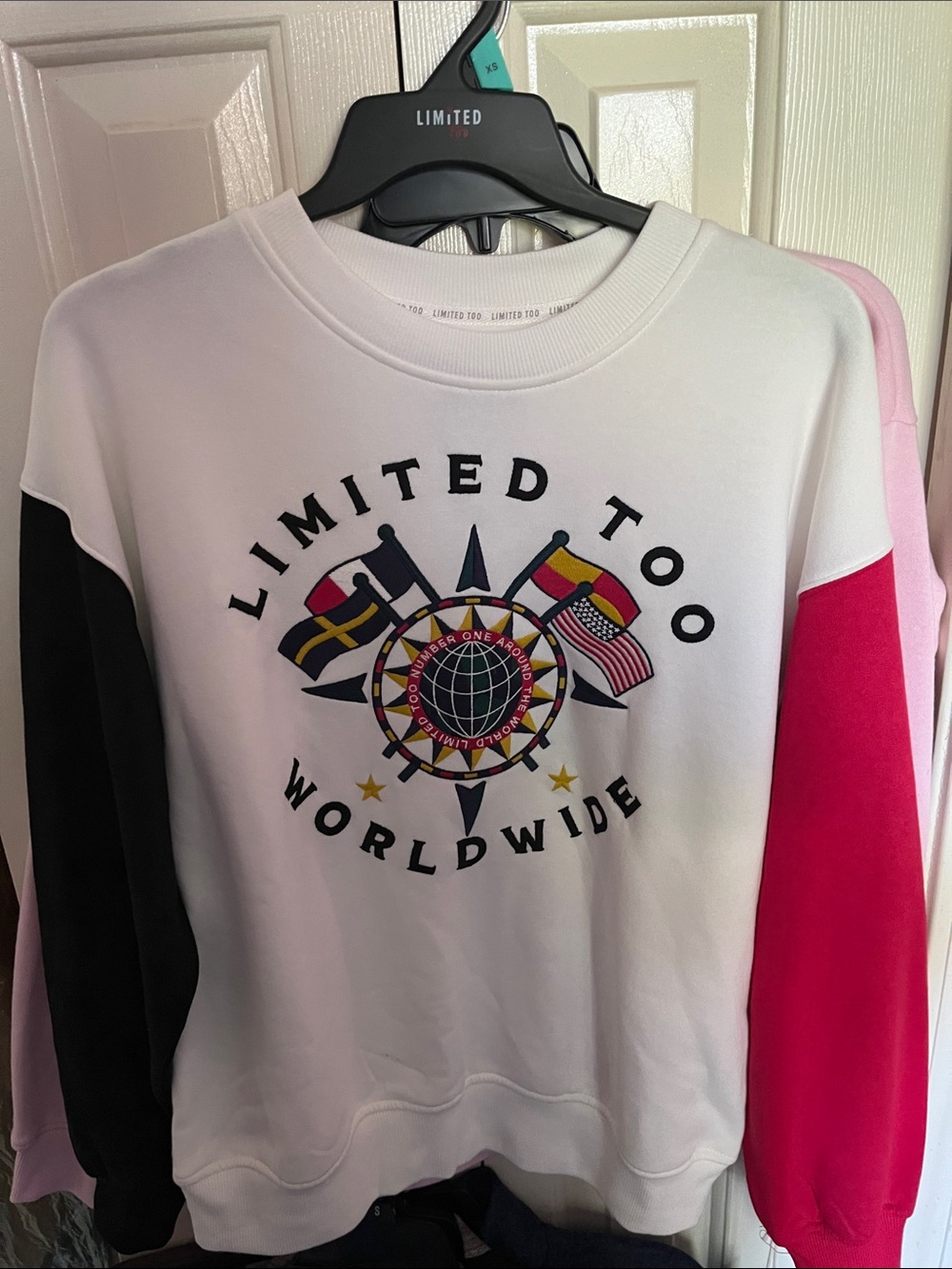 Limited Too White Crewneck Sweatshirt with Pink & Black Sleeves